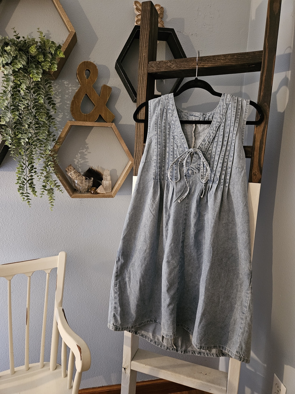Cottage Light Blue Denim Pocket Oversized Midi Dress with Pintuck Front Size S